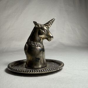 Vintage Silver Plated Metal Unicorn Ring Jewelry Earring Holder Trinket Dish